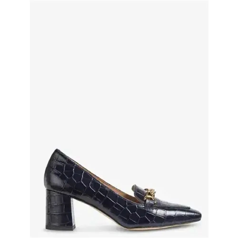 LK Bennett Black Croc-Embossed Block Heel Loafer with Gold Chain